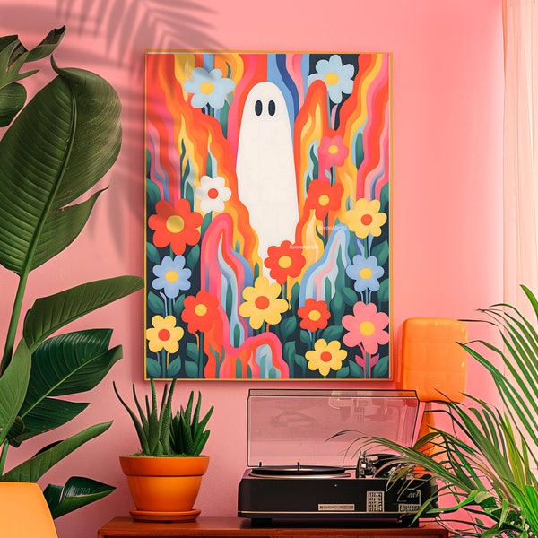 Groovy Ghost - Retro Vibrant Colorful Flowers and Ghosts Print - Floral - Botanical -  Cute Halloween Home Decor - Vintage Halloween