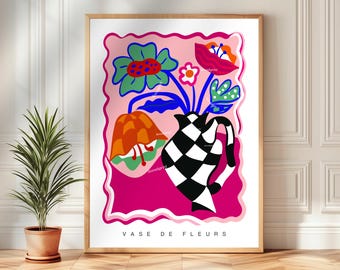 Funky Checkerboard Floral Print - Odważna kolorowa sztuka ścienna - Różowy, pomarańczowy, niebieski, zielony wystrój - Eklektyczna sztuka nowoczesna - Maksymalny nadruk w wazonie