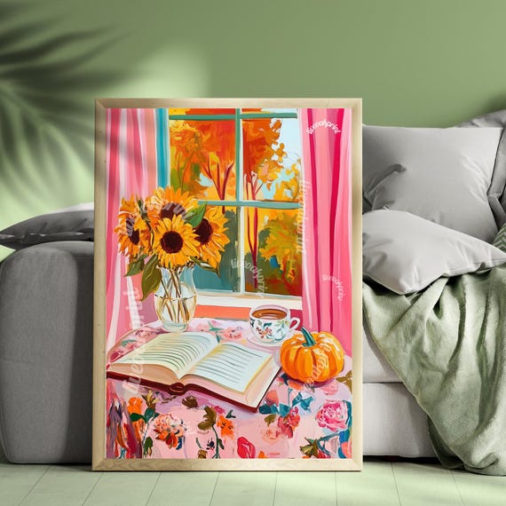 Cozy Reading Sunflowers and Pumpkin - Pinkoween Print - Bookish Fall Decor - Fall Reading Print - Autumnal Reading Decor  - Girly Halloween