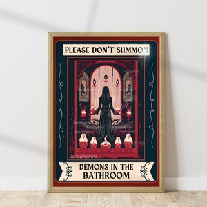 Black and Red - Please Don't Summon Demons In The Bathroom - Tarot Card Print - Bathroom Wall Art - Vintage Halloween - Funny Bathroom Sign
