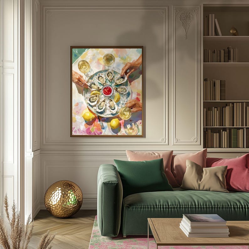 May include: A watercolour painting shows a platter of oysters, lemon wedges, and a small bowl of red sauce. Several hands reach for the oysters, holding glasses of white wine. The painting has a colourful, impressionistic style.