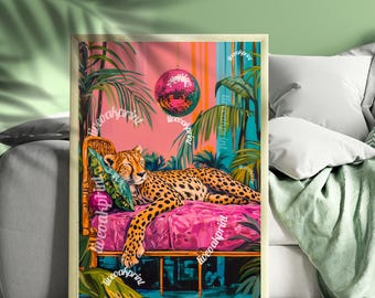 Cheetah Sleeping Under A Disco Ball - Cheetah Print - Cheetah Living Room - Maximalist Wall Art - Pink Cheetah Print - Boho Wall Decor