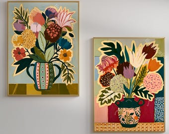 Tasteful Retro Floral Wall Art Prints  Set of 2 - Terracotta and Teal Flower Vase Prints Blue and Orange