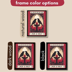 May include: Framed art print with a gothic theme. The artwork features two black crows perched on a candlelit table, with the text "TIL DEATH DO US PART" and "JACK & SALLY". Available frame colors include natural wood, dark wood, and black.
