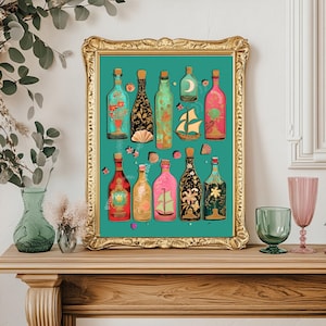 May include: A framed print featuring a teal background with illustrated bottles of various colors and designs. The bottles have cork stoppers and are decorated with flowers, shells, and sailboats. The print is in a gold frame and sits on a wooden mantel.