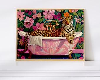 Leopard in Bathtub Art Print – Maximalist Bathroom Decor
