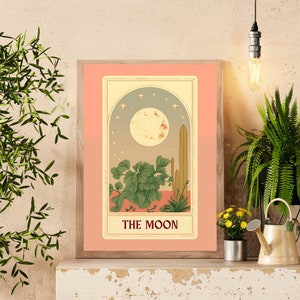 The moon tarot card - Earthy boho moon tarot card - cactus wall art - mystical wall art - funky hippie style.