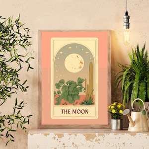 La carta del tarot de la luna - Carta del tarot de la luna bohemia terrosa - Arte de pared de cactus - Arte de pared místico - Estilo hippie funky.