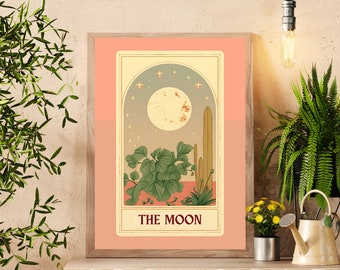 The moon tarot card - Earthy boho moon tarot card - cactus wall art - mystical wall art - funky hippie style.