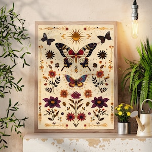 Vintage Scientific Butterfly Print - Cream and Neutral Boho Butterfly Poster - Whimsigoth Floral Wall Art - Dark Academic Light Academia