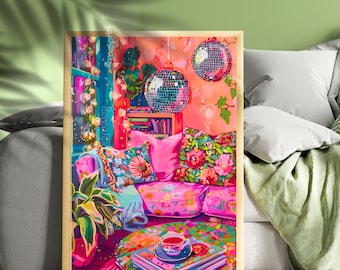 Disco Living Room Print - Disco Living Room Poster - Maximalist Wall Art - Maximalist Living Room - Pink and Orange Living Room