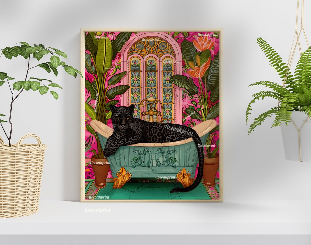 Black Panther in A Bathtub in A Luxury Bathroom Maximalist Bathroom Decor Black Panther Bathroom