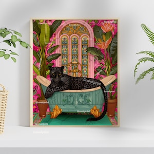 Black Panther In A Bathtub In A Luxury Bathroom - Maximalist Bathroom Decor - Black Panther Bathroom Print - Black Leopard Wall Decor