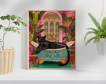 Black Panther in Bathtub Art Print – Maximalist Bathroom Decor