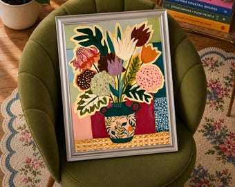 Kaela Mid Century Modern Floral Wall Art, Teal Retro Botanical Wall Decor Blue and Terracotta MCM Print