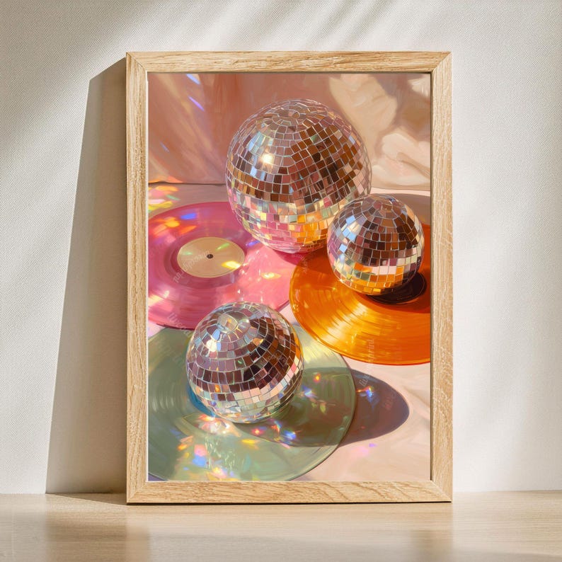 Diskokugel und Schallplatten Wand Kunst 2er-Set Prints - Funky Maximalist Wand Kunst Retro Wand Dekor Geschenk für Schallplatten Liebhaber Disco Ball Musik Kunst Bild 8