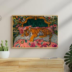 Sleepy Tiger in a Vintage Bed - Tiger Bedroom Decor - Maximalist Wall Art - Tiger Print - Tiger Wall Art