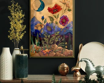 Whimsical Flowers and Moon Art Print - Whimsigoth Aesthetic Wall Art - Dark Boho Decor - Vintage Floral and Moon Print - Retro Moon
