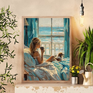 Dipinto di spiaggia - Donna che beve caffè a letto con il cane, con vista sull'oceano - Dipinto di scena oceanica - Dipinto di cane