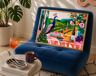 Italian Summer Peacock Picnic Wall Art - Maximalist Bird Print Tuscan Vineyard Poster Exotic Home Decor