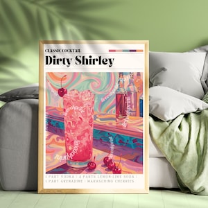Dirty Shirley Print - Koktajlowa sztuka ścienna - Uroczy barek - Klasyczne koktajlowe wydruki - Brudna Shirley sztuka ścienna - Zestaw koktajlowych wydruków