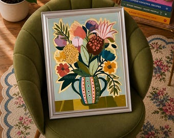 Elodie Bouquet Wall Art, Retro Floral Print, Sage Aqua Mid-Century Flower Poster, Eclectic Living Room Decor, Warm Floral Wall Art