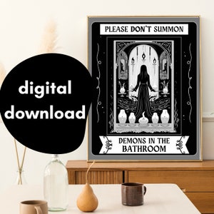 Veuillez ne pas invoquer de démons dans la salle de bain (version noir et blanc) - impression de cartes de tarot - art mural salle de bain - décoration d'Halloween vintage