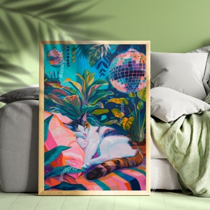 May include: A colorful painting of a cat sleeping on a pink and blue striped pillow with a disco ball hanging above. The cat is white with black and brown markings. The background is a jungle scene with lush green leaves and flowers.