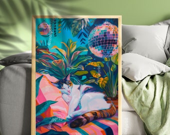 Cozy Disco Cat - Sleeping Cat - Botanical Cat Print - Disco Ball Cat Print - Boho Wall Art-  Eclectic Bedroom Art - Boho Living Room