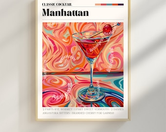 Manhattan Cocktail Print - Manhattan Wall Art - Bar Cart Art - Classic Cocktail Prints - Manhattan Wall Art - Cocktail Print Set