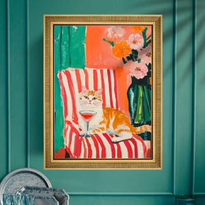 オレンジ色の猫のカクテルアートプリント - レトロな猫のウォールアート - マキシマリストなバーカートの装飾 - 面白い動物のプリント - ドーパミンの装飾 - ストライプのウォールアート