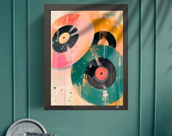 Retro Vinyl Painting - Pink, Orange, and Teal Vinyl Records - Vintage Music Wall Decor - Colorful Record Player Print - Boho Music Nook Art