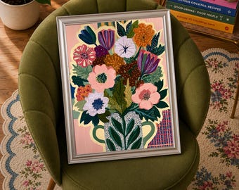Julia Floral Wall Art, Maximalist Bouquet Print, Blush Pink Retro Botanical Poster, Eclectic Living Room Decor