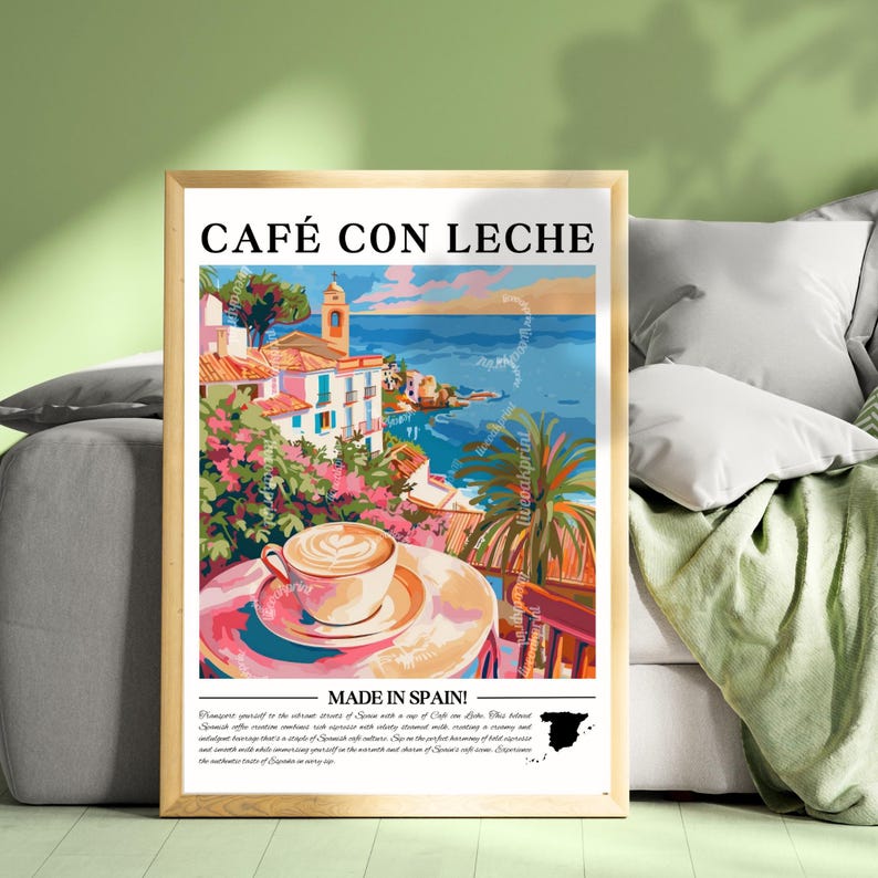 Café con Leche Wall Art - Spanish Kitchen Decor Spain Coffee Print Mediterranean Wall Art Spain Travel Poster Coffee Lover Gift Spain Gift image 1