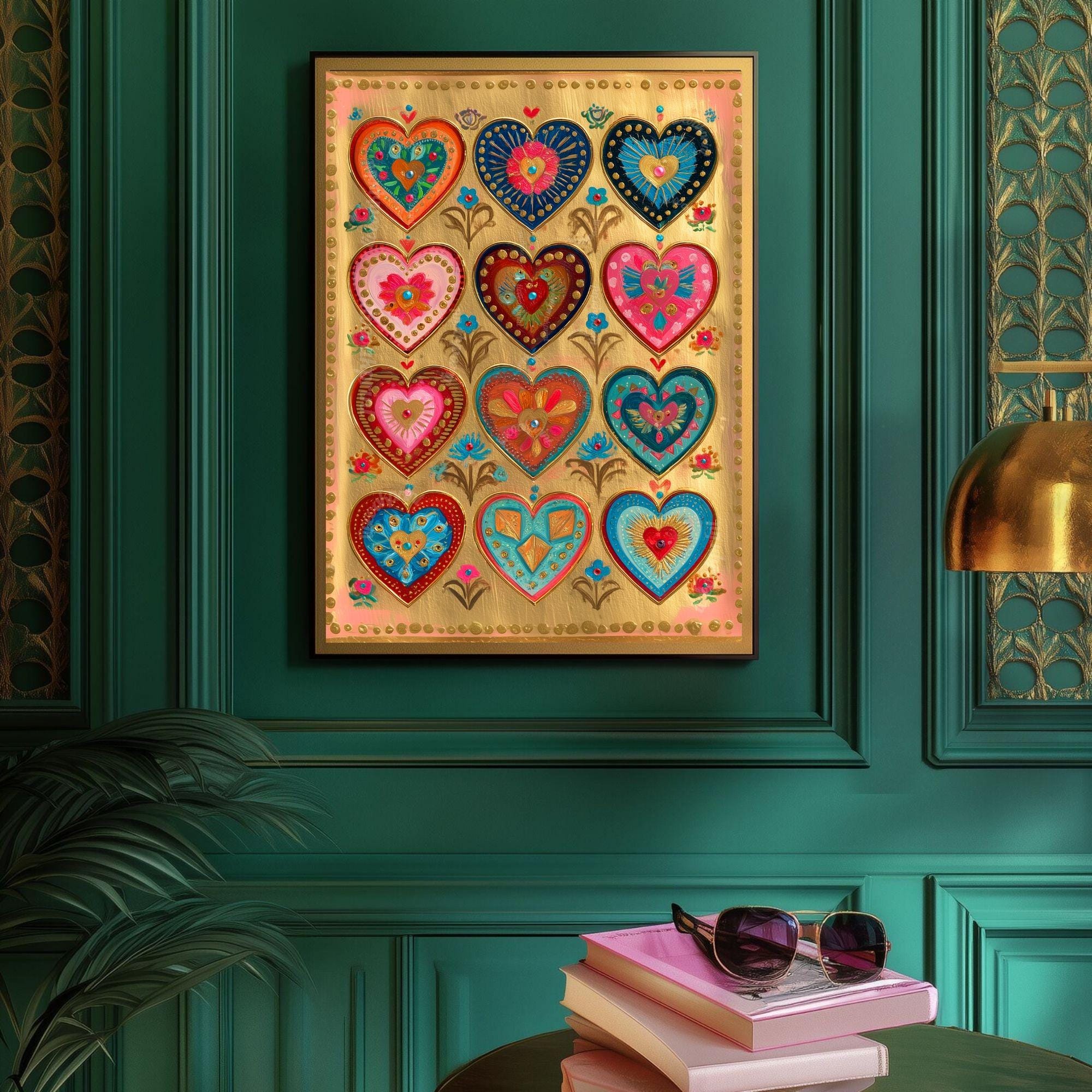 Folk Art Heart Wall Print – Colorful Sacred Hearts Artwork, Boho Gold ...