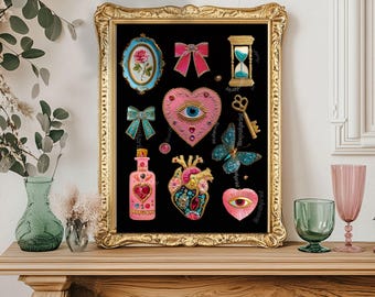 Surreal Pink and Blue Wall Art – Jeweled Collage Print with Eyes, Heart, Sword, and Rose – Maximalist Coquette Decor Trippy Eclectic Art