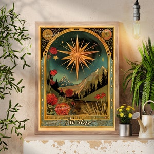 Die Sternen-Tarotkarte - Himmlischer Sternendruck - Stern im Nachthimmel - Sonne-Mond-Stern - Sonne-Mond und Stern - Sonne-Mond-Druck - Der Stern