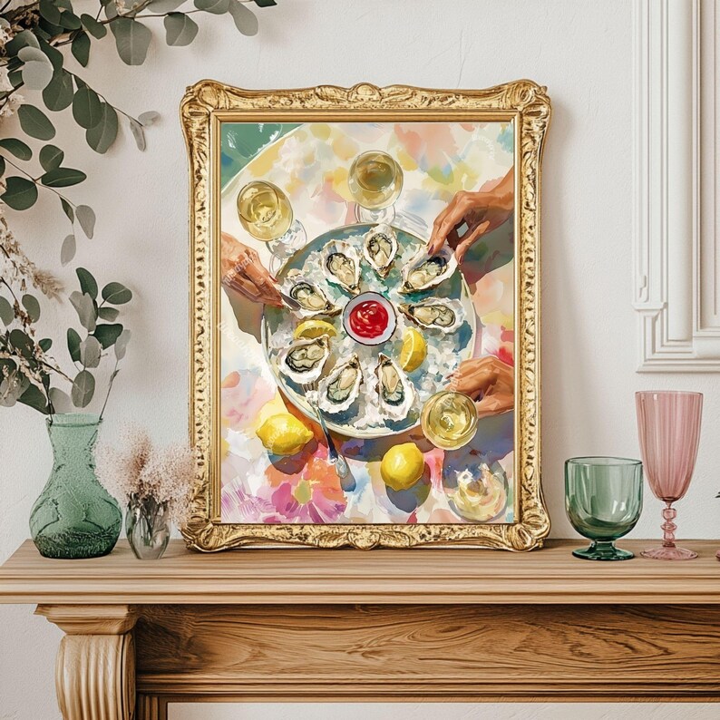 May include: A framed painting of a seafood platter with oysters, lemons, and a small bowl of red sauce. The painting has a gold frame and is displayed on a wooden mantel. Several glasses of wine are also visible.