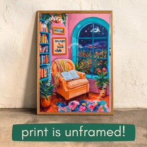 May include: A painting of a cozy living room with a large window overlooking a colorful landscape. The room is painted in shades of pink and blue, with a comfortable armchair and a bookshelf filled with books. The painting includes the text "late night book club".