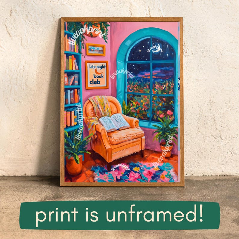 May include: A painting of a cozy living room with a large window overlooking a colorful landscape. The room is painted in shades of pink and blue, with a comfortable armchair and a bookshelf filled with books. The painting includes the text "late night book club".