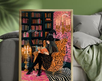 Witch in a Maximalist Library - Reading Witch Print - Pinkoween Print - Cute Witch Print - Pink Halloween Decor - Autumn Reading Decor
