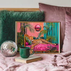 Cheetah Sleeping Under A Disco Ball -  Horizontal Version - Cheetah Print - Cheetah Living Room - Maximalist Wall Art - Pink Cheetah Print