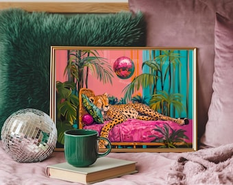 Cheetah Sleeping Under A Disco Ball -  Horizontal Version - Cheetah Print - Cheetah Living Room - Maximalist Wall Art - Pink Cheetah Print