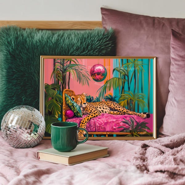 Cheetah Sleeping Under A Disco Ball -  Horizontal Version - Cheetah Print - Cheetah Living Room - Maximalist Wall Art - Pink Cheetah Print