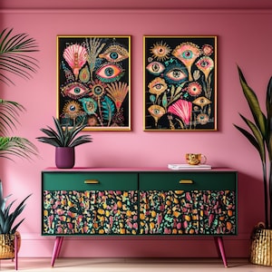 Set Of 2 Psychedelic Eye Art Prints - Surreal Eye Wall Art Pink Trippy Wall Decor Dark Eclectic Art Maximalist Wall Prints Dopamine Decor