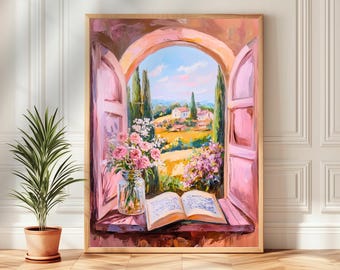 Può includere: Un dipinto di una finestra aperta con vista su un paesaggio campestre. La finestra è dipinta in tonalità di rosa e ha un libro appoggiato sul davanzale. Un vaso di fiori rosa si trova sul davanzale davanti al libro. Il paesaggio è dipinto in tonalità di verde, blu e giallo.