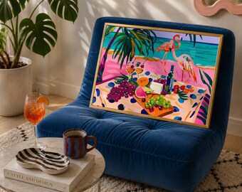 Dreamy Flamingo Beach Picnic Wall Art - Maximalist Tropical Print Pink Coastal Art Prints Colorful