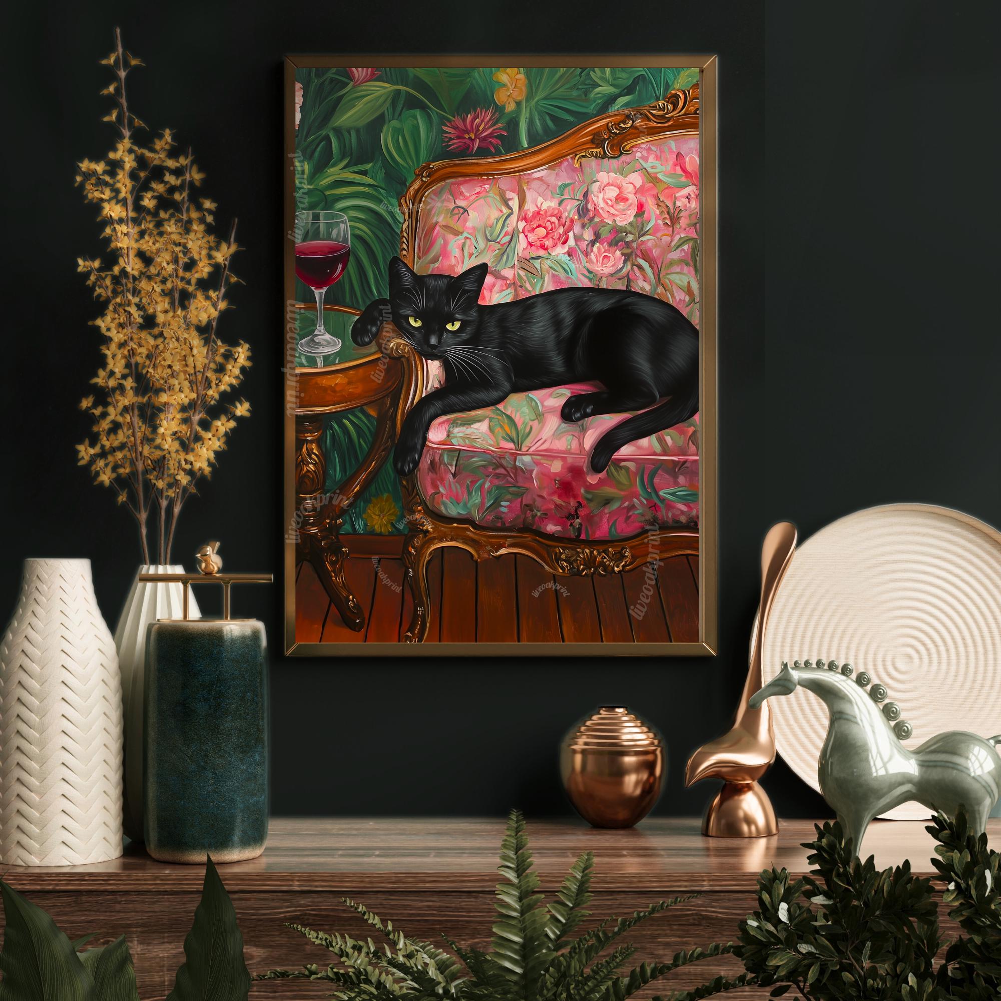 Black Cat With Red Wine Print - Emerald Green and Pink Wall Art - Wine ...
