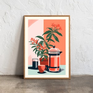 Arte murale con caffettiera a stantuffo - Arte da cucina con caffettiera a stantuffo - Stampa artistica con caffettiera a stantuffo - Arte da cucina con caffè - Stampa botanica da cucina