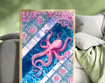 Pink Octopus Poolside Wall Art – Coastal Maximalist Ocean Decor Blue and Pink Tile Art Print Whimsical Bathroom Art Octopus Bathroom Decor